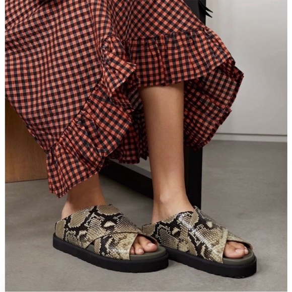 Ganni Shoes - Ganni Olive Green Snakeskin Print Crossover Sandals